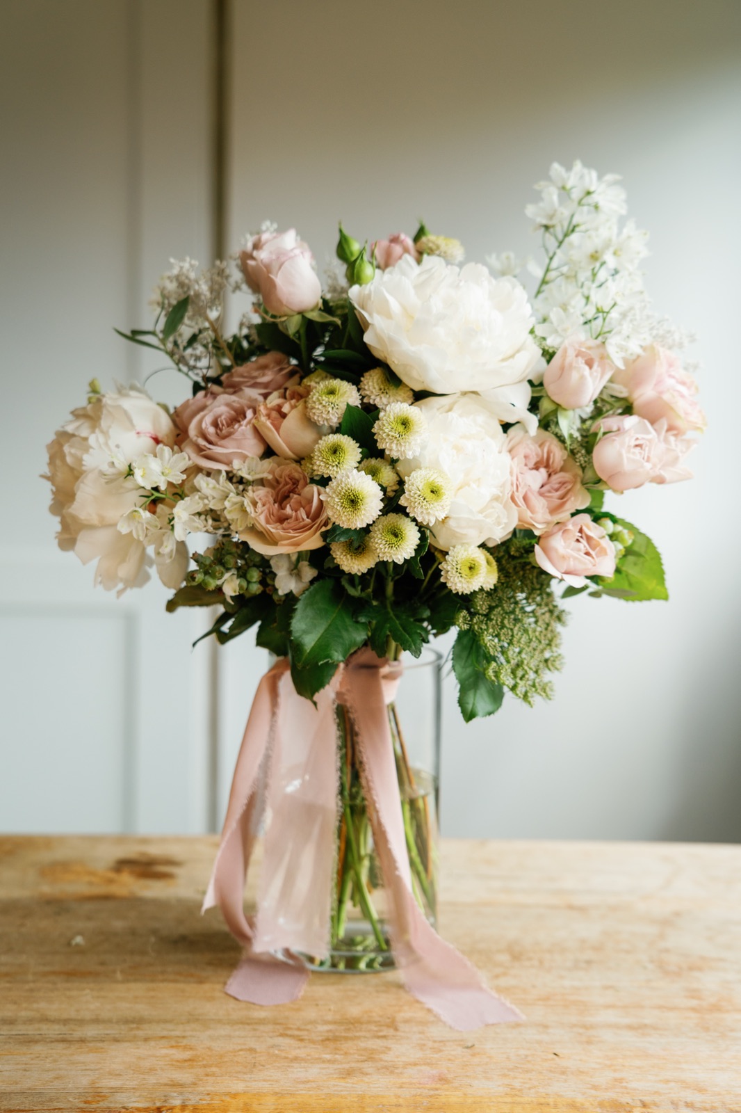 Blush pink wedding bouquet with peonies and roses by Floral Artistry by Yvonne, Macarthur wedding florist