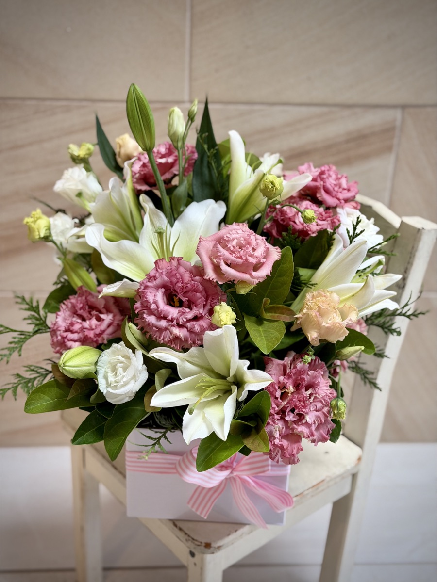 Pink lisianthus and white lily flower box arrangement, Macarthur florist