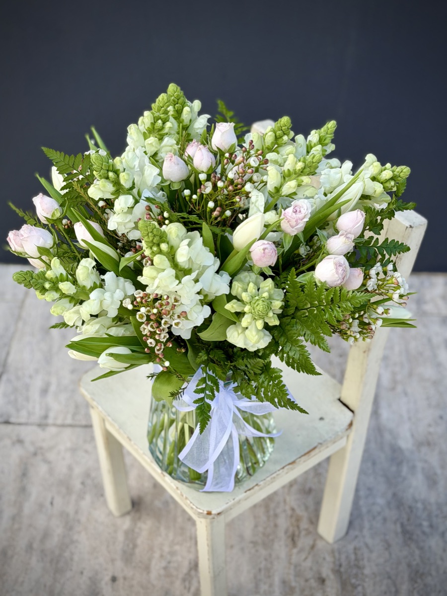 White tulip and snapdragon vase arrangement with blush roses, florist near Narellan